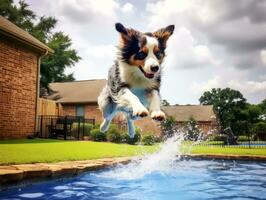 Wet and joyful dog leaping into a pool on a hot summer day AI Generative photo