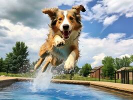 Wet and joyful dog leaping into a pool on a hot summer day AI Generative photo