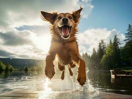 Wet and joyful dog leaping into a pool on a hot summer day AI Generative photo