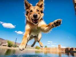 Wet and joyful dog leaping into a pool on a hot summer day AI Generative photo