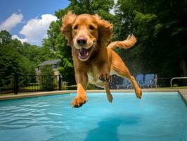 mojado y alegre perro saltando dentro un piscina en un caliente verano día ai generativo foto