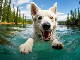 simpático perro en un claro azul lago ai generativo foto