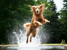 Wet and joyful dog leaping into a pool on a hot summer day AI Generative photo