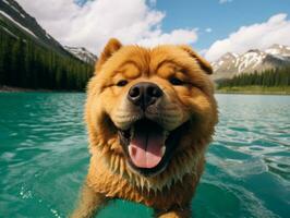 Friendly dog in a clear blue lake AI Generative photo