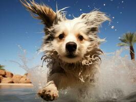 Wet and joyful dog leaping into a pool on a hot summer day AI Generative photo