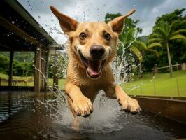 mojado y alegre perro saltando dentro un piscina en un caliente verano día ai generativo foto