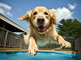 mojado y alegre perro saltando dentro un piscina en un caliente verano día ai generativo foto