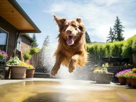 Wet and joyful dog leaping into a pool on a hot summer day AI Generative photo