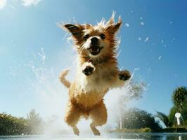 Wet and joyful dog leaping into a pool on a hot summer day AI Generative photo