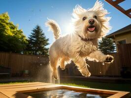 Wet and joyful dog leaping into a pool on a hot summer day AI Generative photo