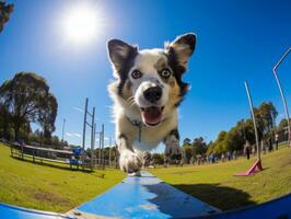 enérgico perro carreras mediante un agilidad curso ai generativo foto