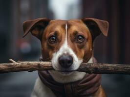 Trusty dog with a stick in its mouth ready for a game of fetch AI Generative photo