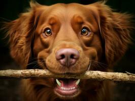 Trusty dog with a stick in its mouth ready for a game of fetch AI Generative photo