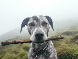 Trusty dog with a stick in its mouth ready for a game of fetch AI Generative photo