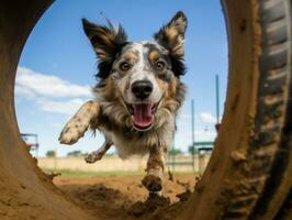 enérgico perro carreras mediante un agilidad curso ai generativo foto