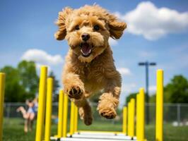 enérgico perro carreras mediante un agilidad curso ai generativo foto