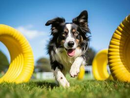 enérgico perro carreras mediante un agilidad curso ai generativo foto