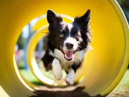 enérgico perro carreras mediante un agilidad curso ai generativo foto