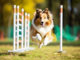 enérgico perro carreras mediante un agilidad curso ai generativo foto