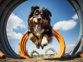 enérgico perro carreras mediante un agilidad curso ai generativo foto