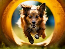 enérgico perro carreras mediante un agilidad curso ai generativo foto