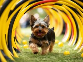 enérgico perro carreras mediante un agilidad curso ai generativo foto