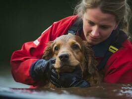 Skilled search and rescue dog working diligently in a disaster area AI Generative photo