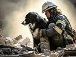 experto buscar y rescate perro trabajando diligentemente en un desastre zona ai generativo foto