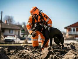 Skilled search and rescue dog working diligently in a disaster area AI Generative photo