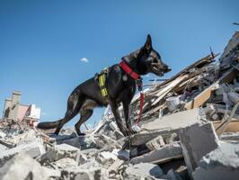 Skilled search and rescue dog working diligently in a disaster area AI Generative photo