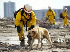 Skilled search and rescue dog working diligently in a disaster area AI Generative photo