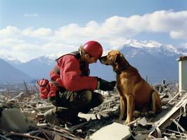 experto buscar y rescate perro trabajando diligentemente en un desastre zona ai generativo foto