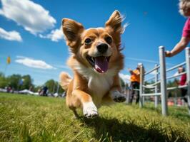 enérgico perro carreras mediante un agilidad curso ai generativo foto