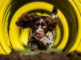 enérgico perro carreras mediante un agilidad curso ai generativo foto