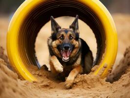 enérgico perro carreras mediante un agilidad curso ai generativo foto