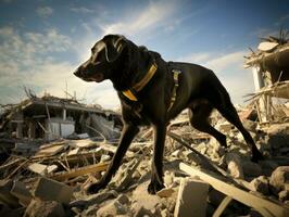 Skilled search and rescue dog working diligently in a disaster area AI Generative photo