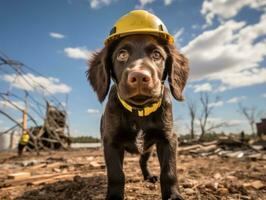 Skilled search and rescue dog working diligently in a disaster area AI Generative photo