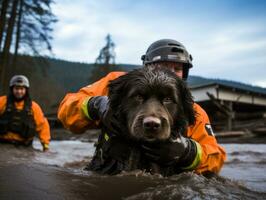 experto buscar y rescate perro trabajando diligentemente en un desastre zona ai generativo foto