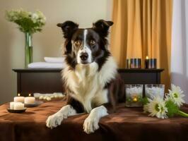 sereno perro disfrutando un masaje a un mascota spa ai generativo foto