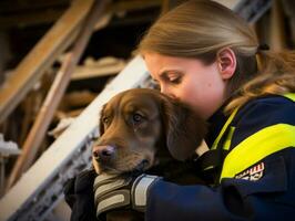 Skilled search and rescue dog working diligently in a disaster area AI Generative photo