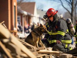 Skilled search and rescue dog working diligently in a disaster area AI Generative photo