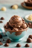 Chocolate ice cream balls in bowl with cocoa powder and candies. AI Generative photo