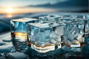 hielo cubitos en congelado lago con azul cielo y blanco nubes en antecedentes. ai generativo foto