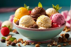 Mixed ice cream scoops in bowl with fresh fruits, berries and chocolate candies. AI Generative photo