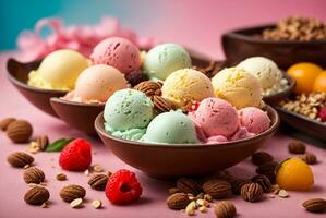 Mixed ice cream scoops in bowl with fresh fruits, berries and chocolate candies. AI Generative photo