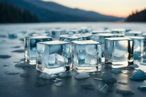 Ice cubes on frozen lake with blue sky and white clouds in background. AI Generative photo