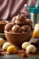 Chocolate ice cream balls in bowl with cocoa powder and candies. AI Generative photo