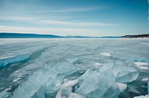 Ice of Lake Baikal, the deepest and largest freshwater lake by volume in the world. AI Generative photo