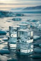 Ice cubes on frozen lake with blue sky and white clouds in background. AI Generative photo