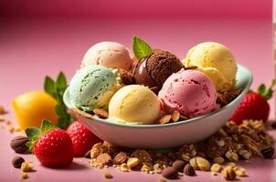 Mixed ice cream scoops in bowl with fresh fruits, berries and chocolate candies. AI Generative photo